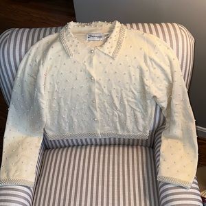Vintage Women’s Pearl Embellished Off White Cardigan Sweater- Medium